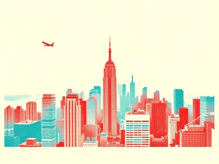 Ilustração risografia do skyline de Manhattan visto do simulador de voo do RiseNY
